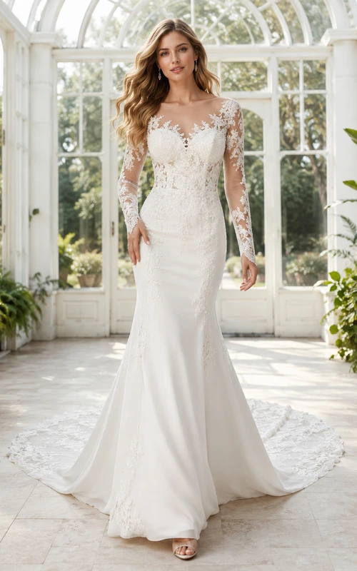 Robe de mariée sirène élégante en satin et dentelle, col bateau et manches longues transparentes, longueur au sol