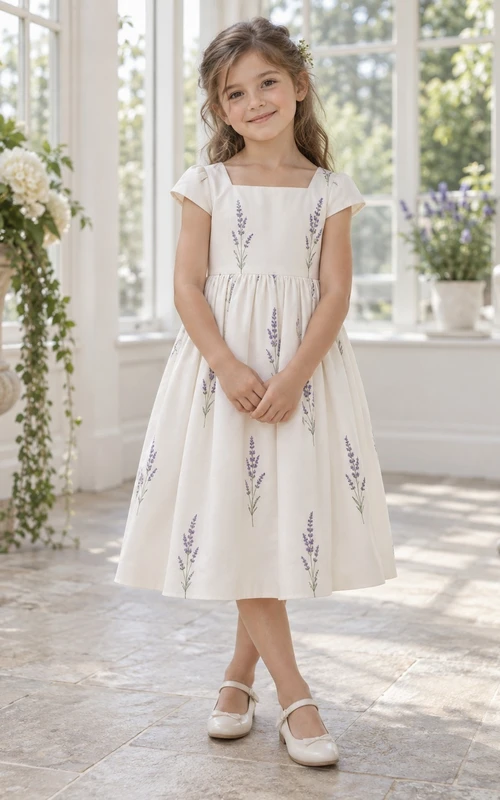 Schlichtes, schlichtes elfenbeinfarbenes A-Linien-Kleid mit Teelänge, eckigem Ausschnitt, kurzen Flügelärmeln, Zweigmuster, geraffter Taille und natürlicher Taille – perfekt für Blumenmädchen.