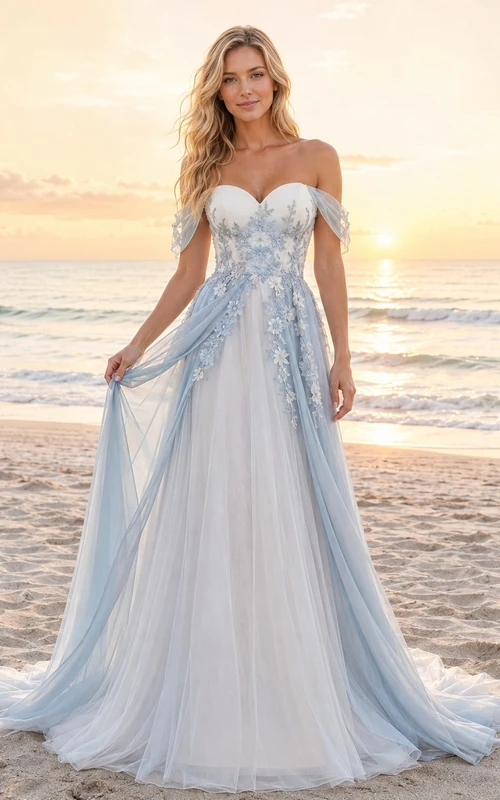 Staubblaues, schulterfreies, bodenlanges A-Linien-Brautkleid aus Spitze mit Spitze – romantisch für den Strand.
