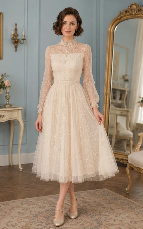 Champagnerfarbenes, hochgeschlossenes, langärmeliges A-Linien-Kleid in Teelänge im dezenten Vintage-Stil