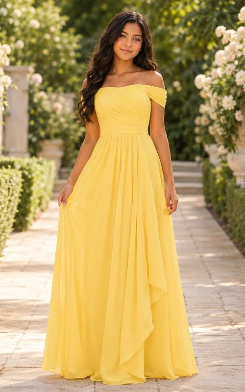Vestido de dama de honor juvenil Daffodil, corte en A, hombros descubiertos, manga corta, drapeado, estilo romántico.