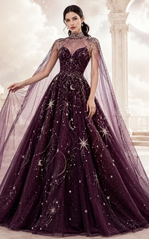Pflaumenfarbenes Ballkleid aus Tüll mit Illusionsärmeln und Sternenverzierungen