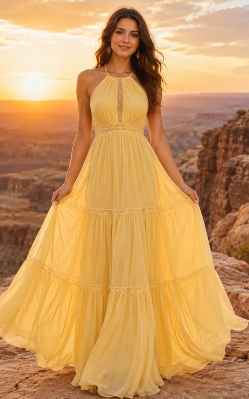Yellow Halter Tiered Chiffon Desert Elopement Bridal Gown