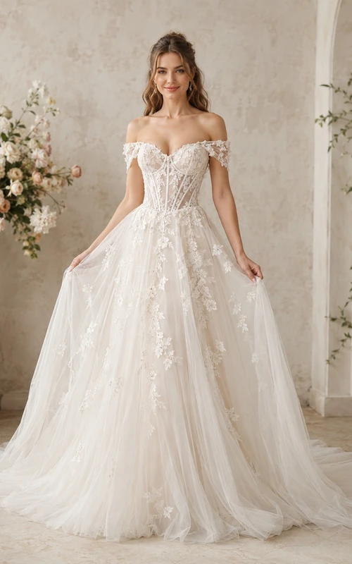 Vestido de novia vintage de corte A con corsé y apliques de hombros descubiertos de la época victoriana