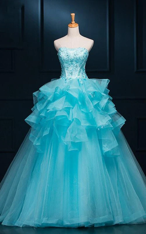 Robe de bal à bretelles longues, sans manches, clochettes, appliques, volants, fermeture éclair, tulle et sequins