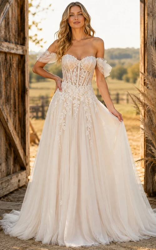Vestido de novia rústico con corsé de encaje y cintura baja, sin hombros