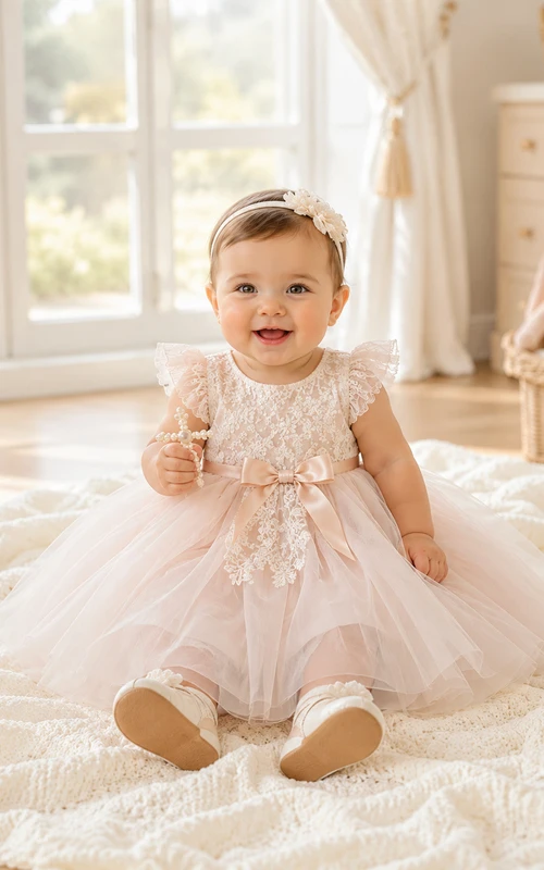 Blush Lace Bodice Tulle Baby Christening A-Line Flower Sash Dress