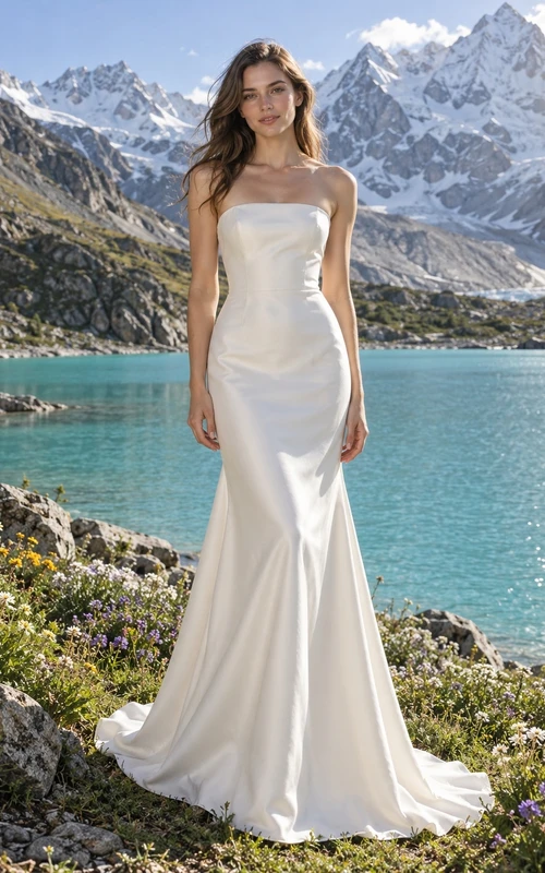 Vestido de novia sencillo de satén sin tirantes, ajustado, estilo sirena, con cola.
