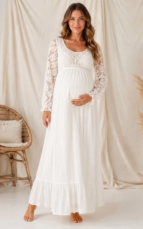 Vestido de maternidad largo hasta el suelo, de corte A, con escote cuadrado y mangas largas, de encaje blanco y encaje.
