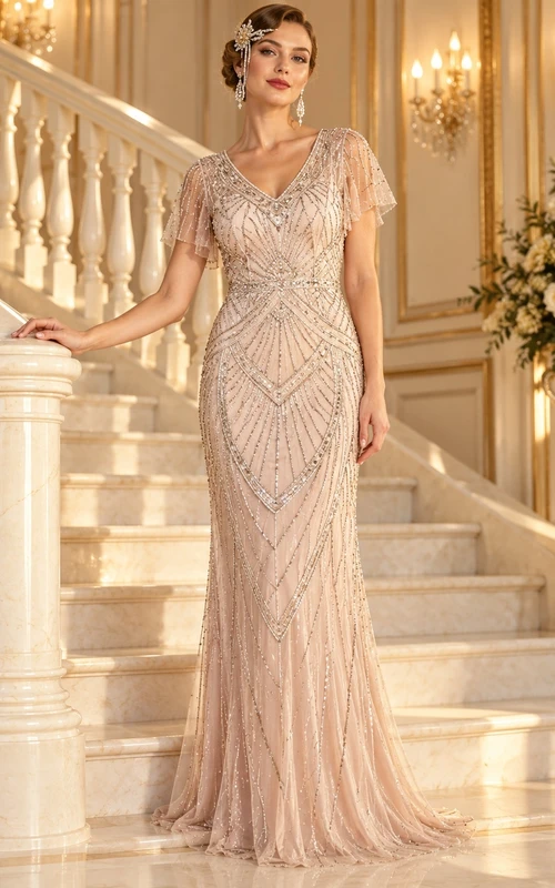 Vestido de dama de honor largo hasta el suelo, color champán vintage, corte recto, escote en V, mangas con volantes y detalles geométricos de cuentas.