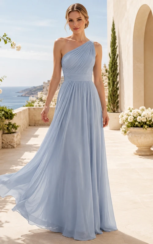 Robe de mariée bleu acier asymétrique en mousseline plissée, coupe trapèze, à une épaule