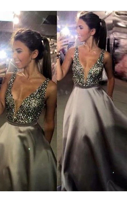 Ärmelloses A-Linien-Kleid aus Satin mit V-Ausschnitt und Reißverschluss