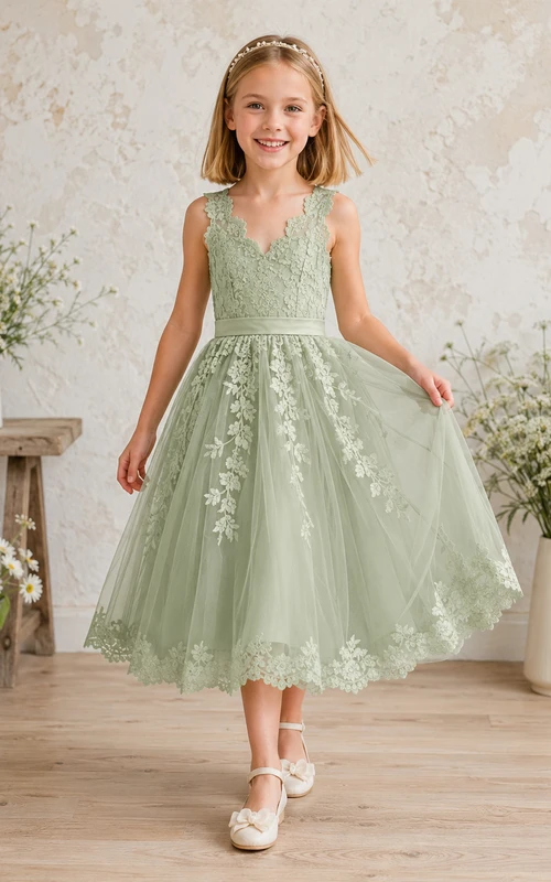 Robe de demoiselle d'honneur Sage Garden, longueur thé, coupe trapèze, tulle et dentelle, col en V festonné, ornée d'appliqués floraux.