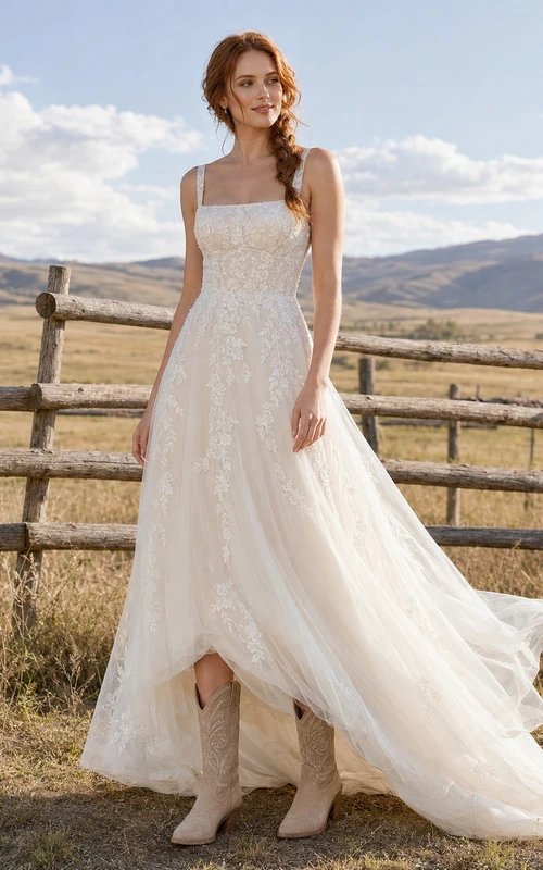 Square Neck A-Line Wedding Dress with Spaghetti Straps and Lace Sweep Train Romantic Bohemian Tulle