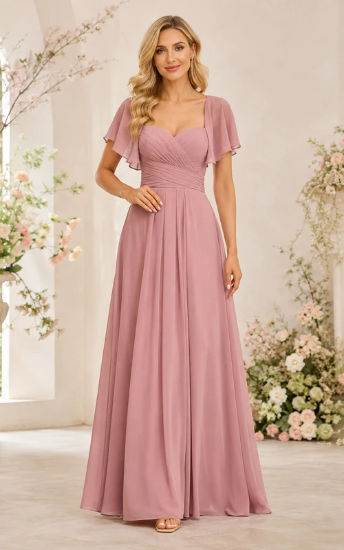 Brautjungfernkleid in Altrosa mit V-Ausschnitt, Glockenärmeln, Empire-Schnitt und A-Linien-Schnitt