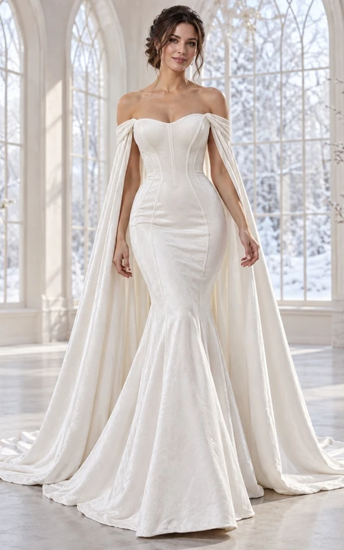 Mermaid Off Shoulder Sweetheart Velvet Winter Wedding Dress with Cape