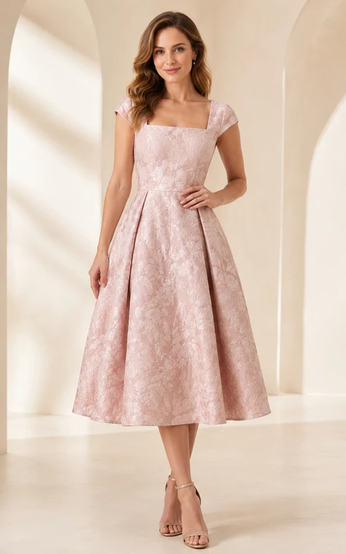 Vestido midi de jacquard con escote cuadrado en tono rosa empolvado para ocasiones especiales.