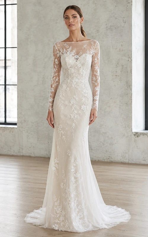 Robe de mariée sirène en dentelle florale à manches longues illusion bateau