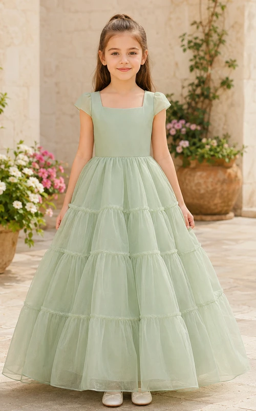 Flower Girl Dress Sage Tulle A-Line Short Sleeve Jewel Neck Floor Length Tiered Skirt