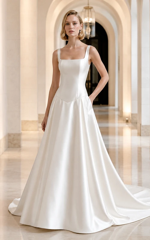 Robe de bal moderne en satin à col carré et nœud papillon, robe de mariée avec traîne chapelle