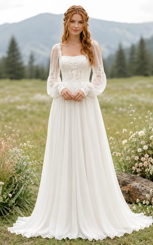Square Neck Bishop Sleeve Chiffon Meadow Bridal Gown
