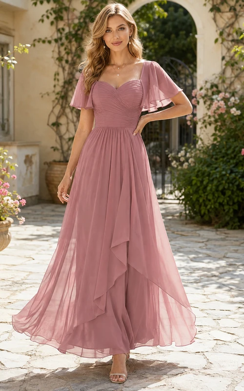 Brautjungfernkleid in Altrosa mit herzförmigem Herzausschnitt, flatternden Ärmeln, Chiffon, Falten und tiefem Rückenausschnitt