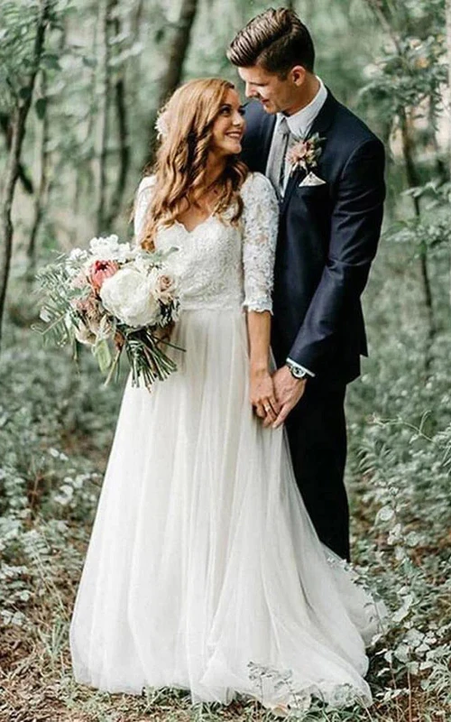 Lässiges, ländliches Brautkleid aus Tüll mit V-Ausschnitt, halben Ärmeln und A-Linien-Schnitt