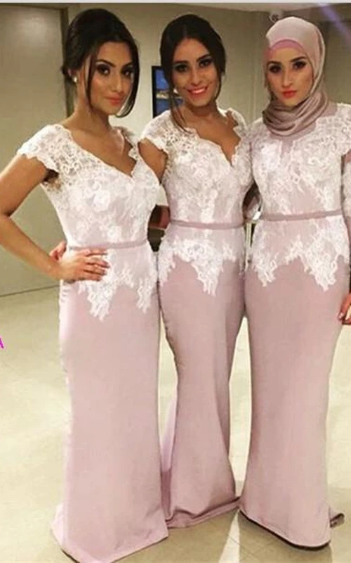 Robe de demoiselle d'honneur sirène moderne en dentelle rose poudré, col en V, longueur au sol