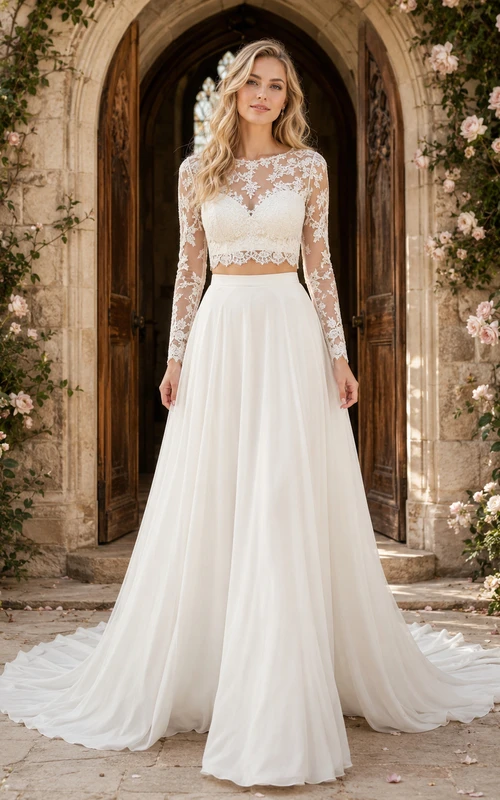 Long Sleeve Illusion Lace Top Chiffon Chapel Bridal Set