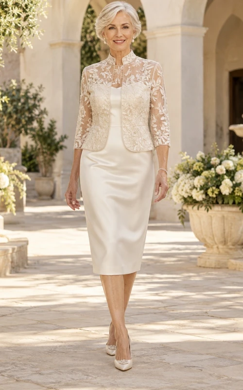 Modest Knee Length Wedding Sheath Satin Dress for Older Brides with Stand Collar Lace Jacket