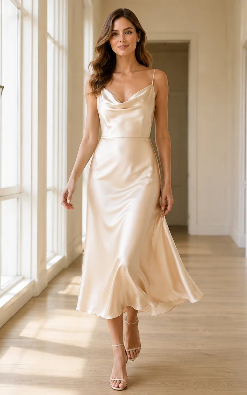Robe de mariée civile champagne à bretelles spaghetti et col bénitier sans manches, coupe trapèze, longueur thé, en satin.