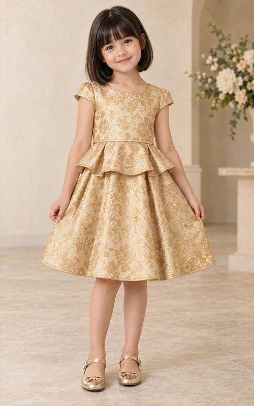 Vintage-Blumenmädchenkleid mit goldenem Schmuckkragen, kurzen Ärmeln und Schößchen, Rundhalsausschnitt