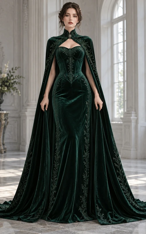 Robe de soirée gothique en velours vert à col montant, corset et cape, style cape.