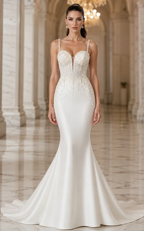 Perlmuttfarbenes, trägerloses Meerjungfrauen-Abendkleid aus Satin