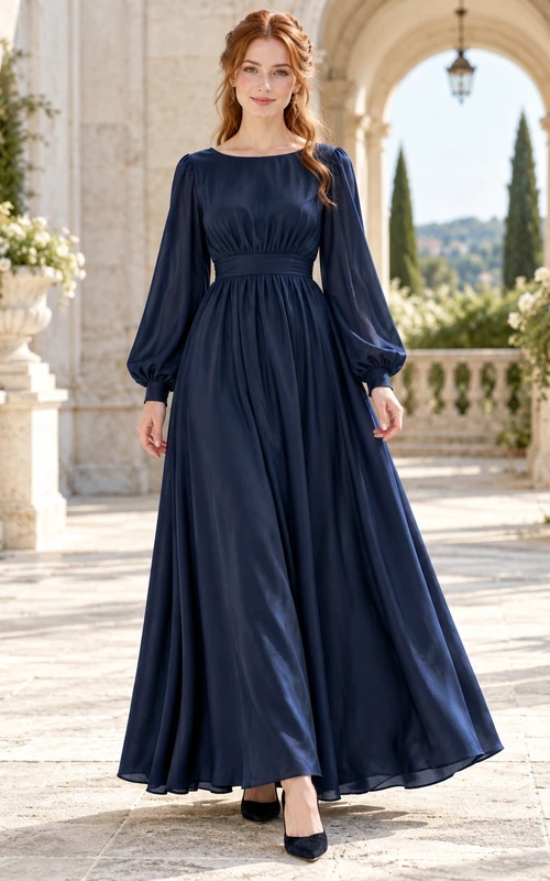Robe de soirée vintage modeste bleu marine foncé à manches longues en mousseline froncée
