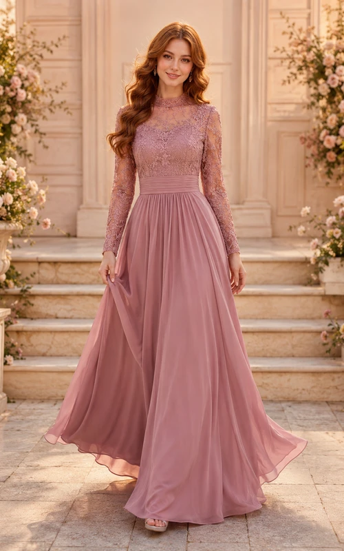 Robe de soirée trapèze en dentelle mauve, coupe bateau.