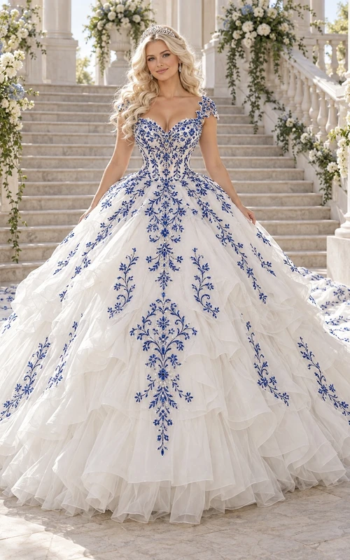 Vestido de novia de gala azul marino con estampado floral, escote corazón, mangas cortas y cola de tul en cascada.