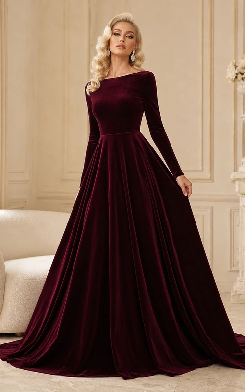 Burgundy Velvet High-Neck Long-Sleeve Ball Gown Formal Dress