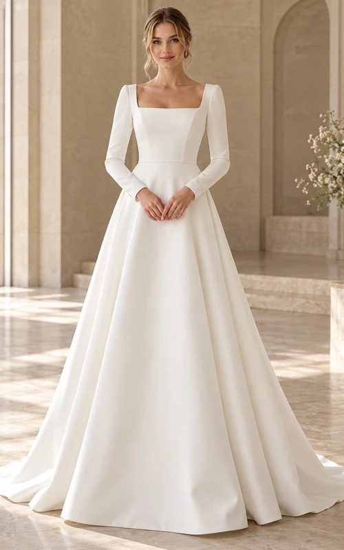 Simple Square Neck Long Sleeve Satin A-Line Wedding Dress