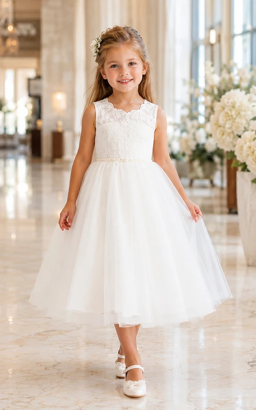 Flower Girl Dress White Lace Tulle A-Line Jewel Neck Tea Length