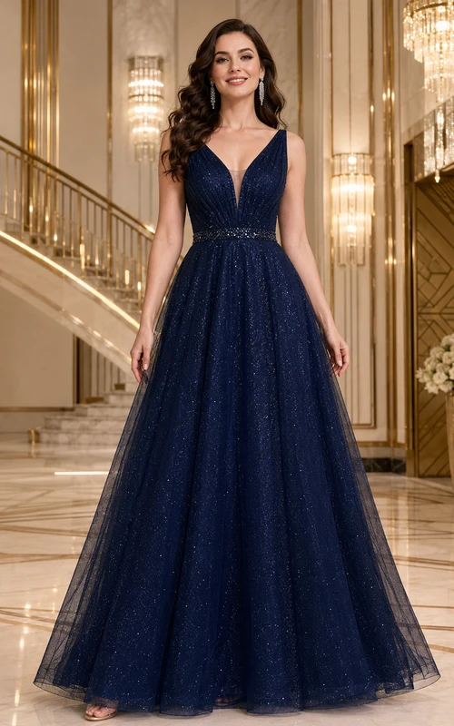 Dark Navy V-Neck Tulle A-Line Floor Length Formal Dress
