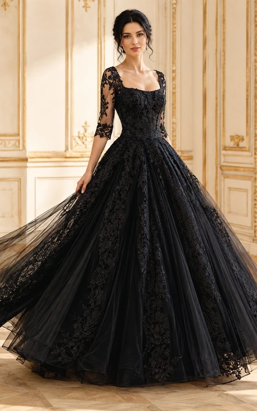 Black Romantic Luxury Square 3/4-Sleeve Lace-Tulle Tiered Ball-Gown Floor-Length Evening Dress