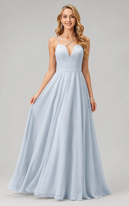 Himmelblaues, romantisches Chiffon-Brautjungfernkleid mit V-Ausschnitt und A-Linie