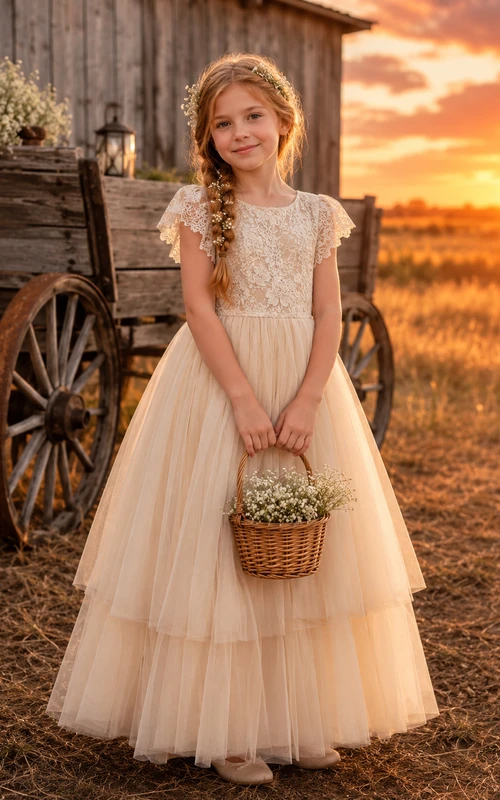 Langes Tüllkleid mit Spitzenoberteil, Blumenmädchenkleid