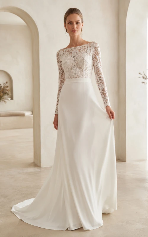 Robe de mariée en satin poli et dentelle, col carré, manches longues, coupe trapèze, traîne, dos illusion, col carré et manches courtes.