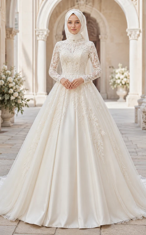 Vestido de novia musulmán de satén con corpiño de encaje y cuello alto, corte en A
