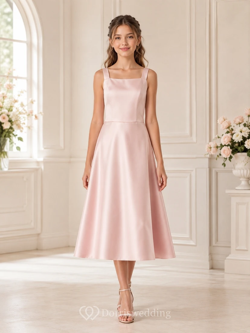 Modernes, ärmelloses, perlmuttrosa Satin-Brautjungfernkleid in A-Linie und Teelänge