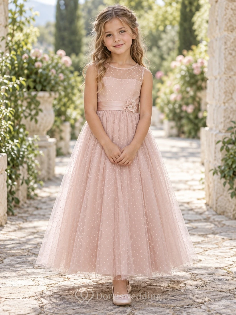Modest Pearl Pink Ankle-length Sleeveless Illusion Floral Waist Dotted Tulle Flower Girl Dress