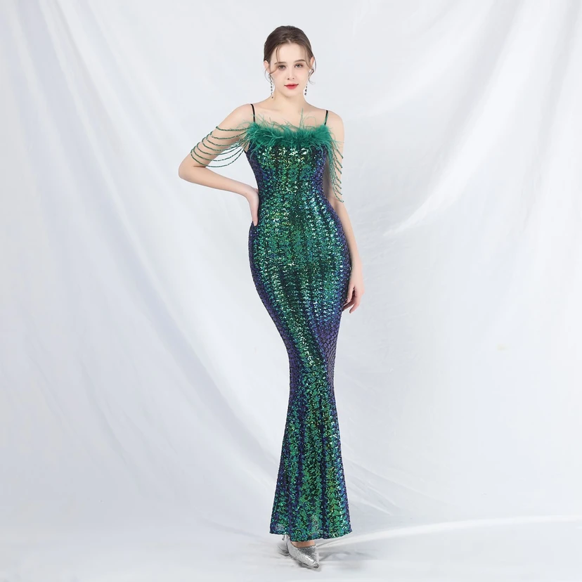 Craft Beaded Ostrich Feather Fantasy Sequined Long Evening Dress video preview