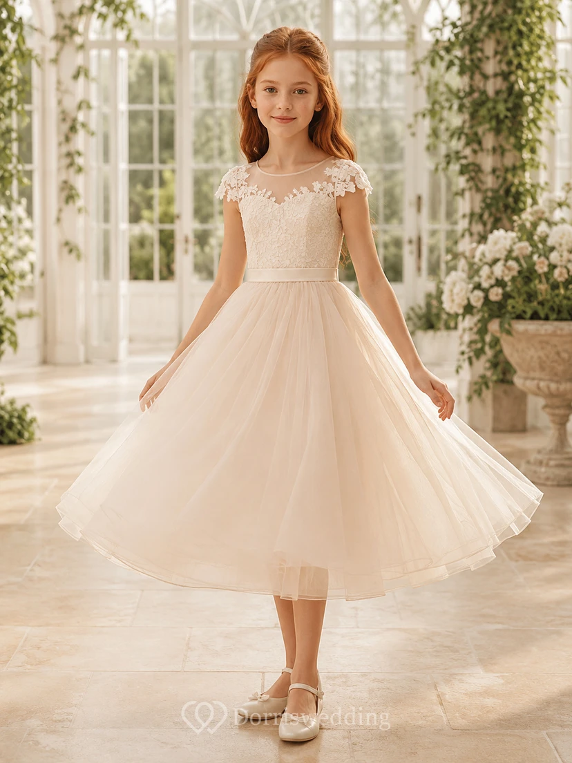 Cap Sleeve Lace Tulle A-Line Flower Girl Dress with Jewel Neck and Tea-Length Skirt